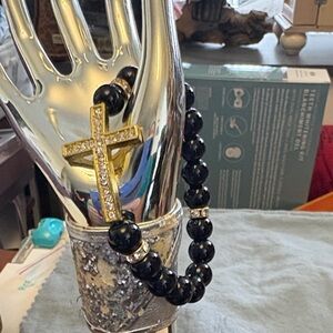 Italy Vatican Gold Cross & Black Bead Bracelet ( Catholic Cross)